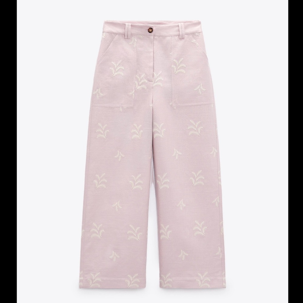 ZARA EMBROIDERED LINEN BLEND PANTS - Picture 8 of 11